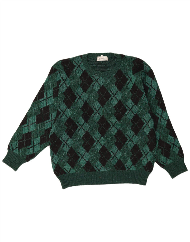 Vintage męski sweter z okrągłym dekoltem IT 48 średni zielony Argyle/diament
