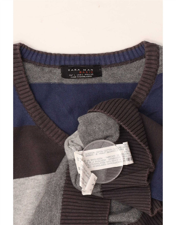Męski sweter Zara z dekoltem w kształcie litery V, duży, wielokolorowy, bawełniany w paski