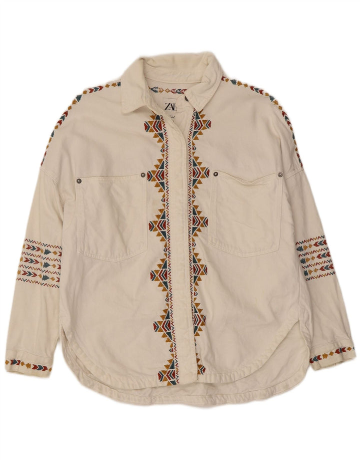 Damska koszula oversize Zara UK 10 Small, biała, geometryczna bawełna