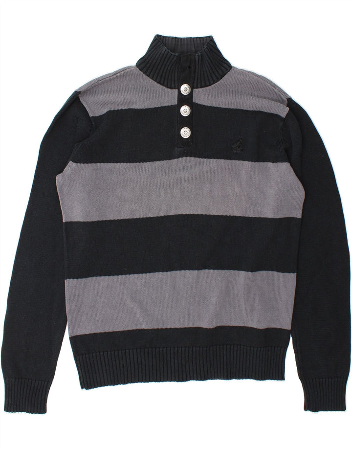 KANGOL Mens Button Neck Jumper Sweater Large Black Striped Cotton Vintage Kangol and Second-Hand Kangol from Messina Hembry 