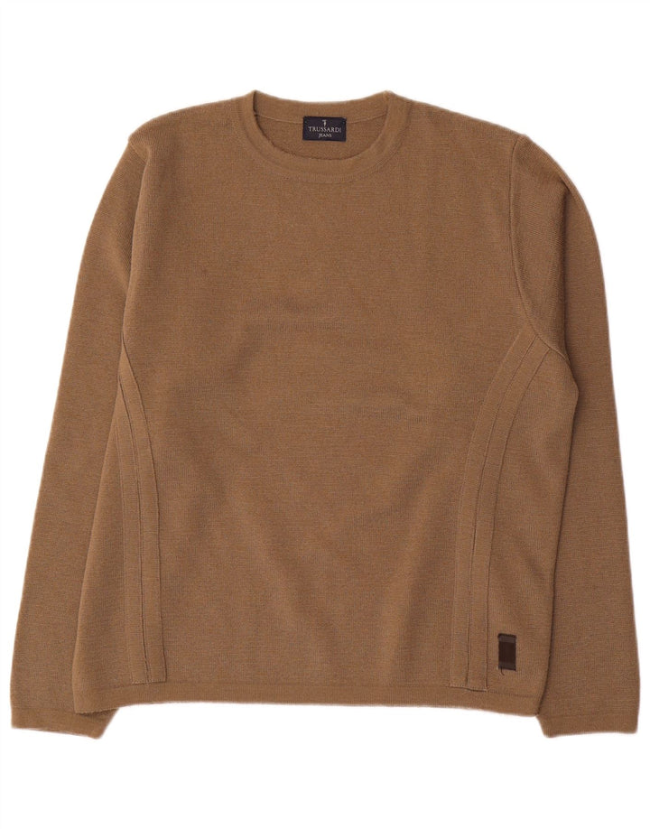 Męski sweter z okrągłym dekoltem Trussardi Jeans Średni brązowy wełniany