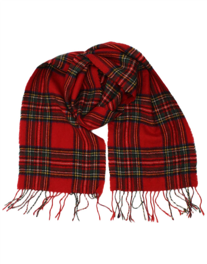 Vintage męski prostokątny szalik w jednym rozmiarze w czerwoną kratę z owczej wełny