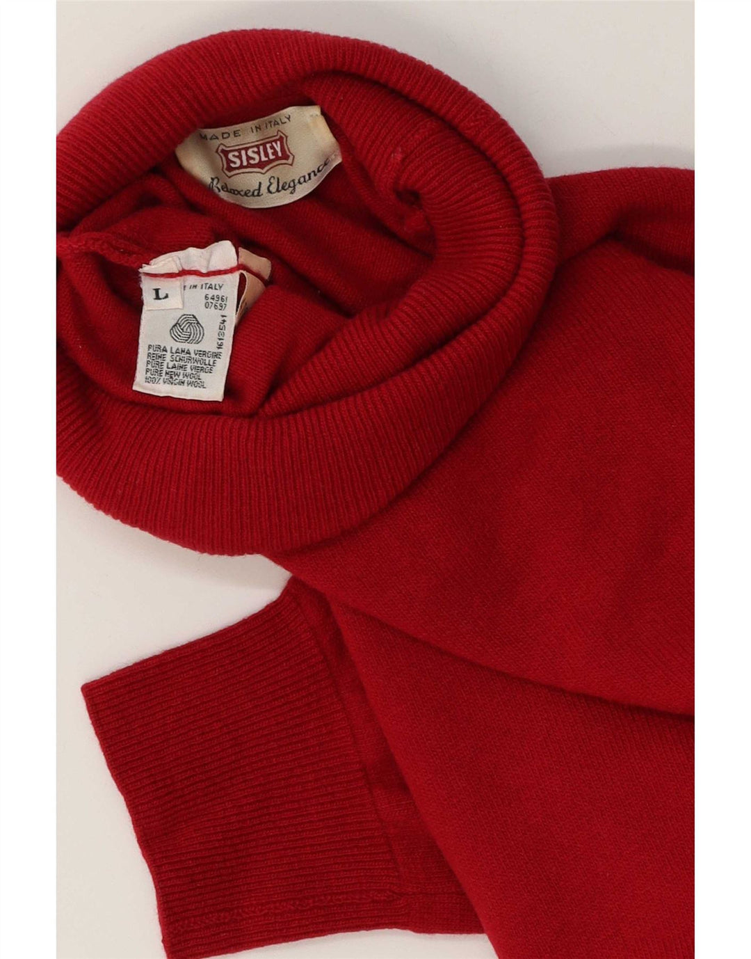 Męski sweter Sisley z wywijanym dekoltem, duży, z czerwonej wełny dziewiczej