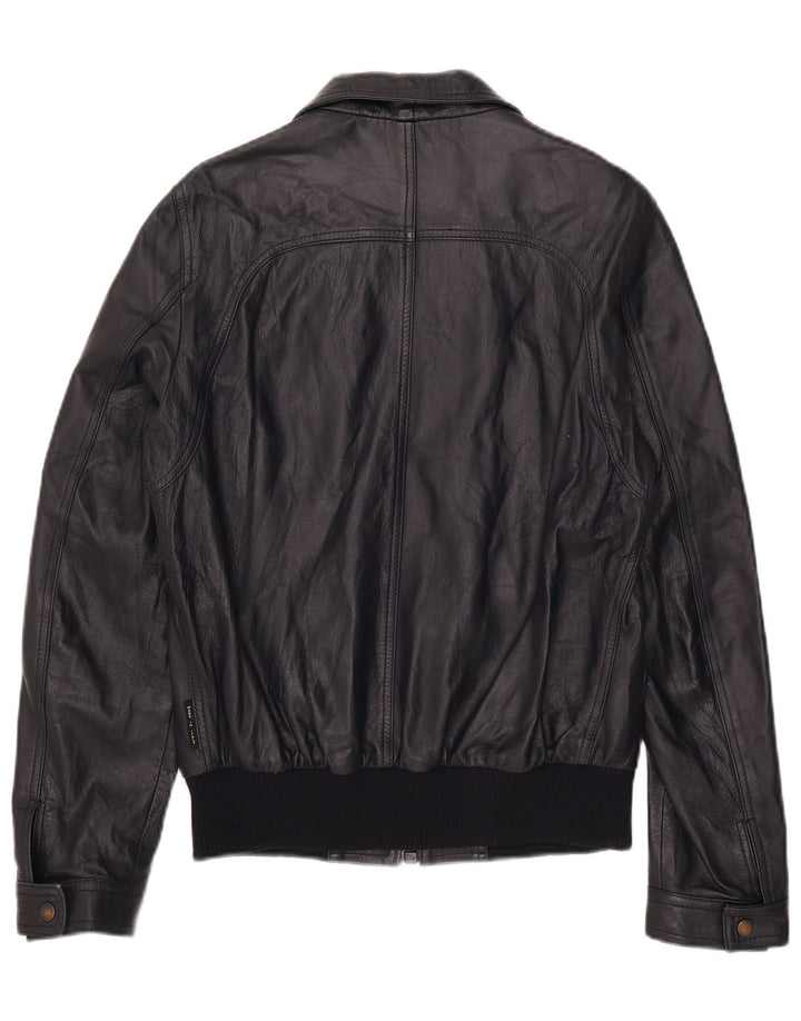 Vintage męska kurtka skórzana bomber UK 38, średnia granatowa skóra