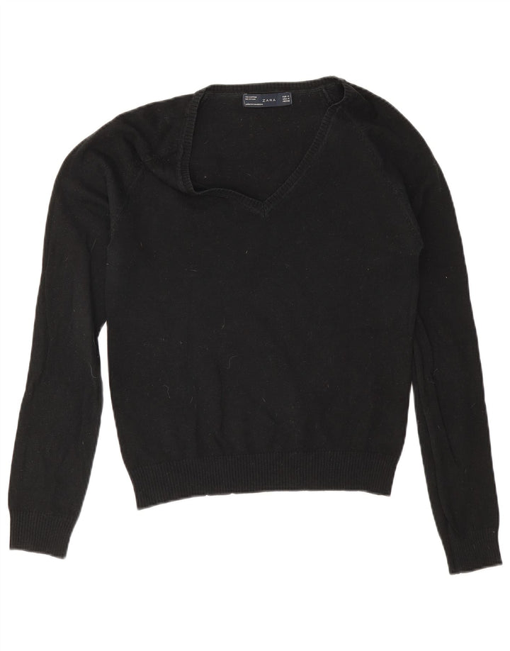 Sweter damski Zara z dekoltem w kształcie litery V, UK 12, średni czarny, bawełniany