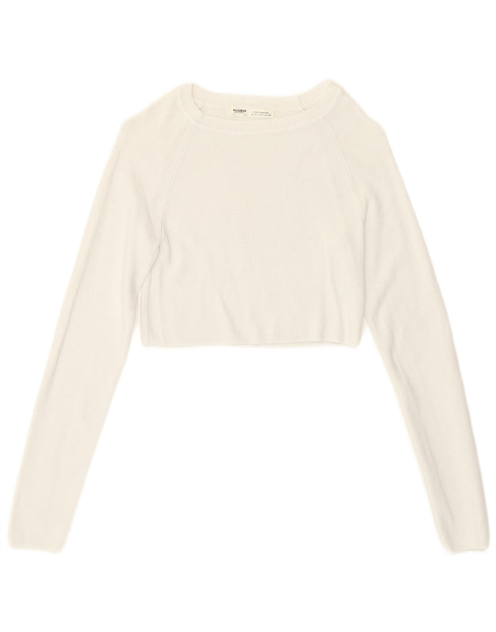Damski krótki top Pull & Bear z długim rękawem, UK 8, mały, biały, wiskoza