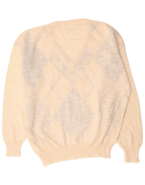 Vintage męski sweter z dekoltem w kształcie litery V, XL, biały, argyle/diamentowy len
