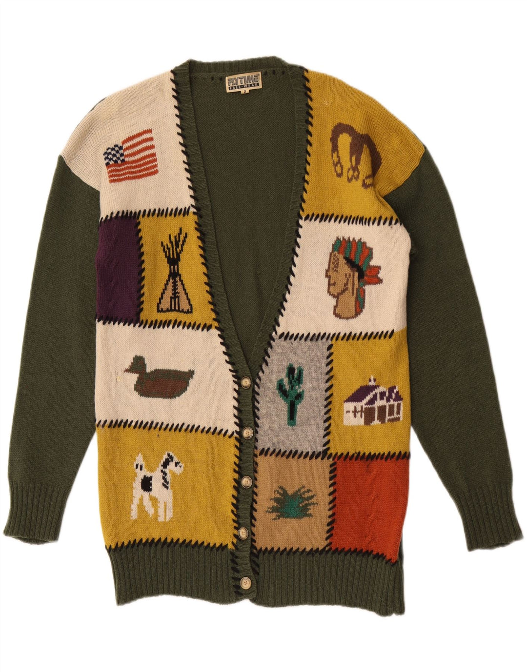 Vintage damski sweter z grafiką UK 16, duży, zielony, patchworkowy, wełniany