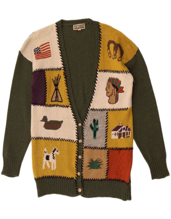 Vintage damski sweter z grafiką UK 16, duży, zielony, patchworkowy, wełniany