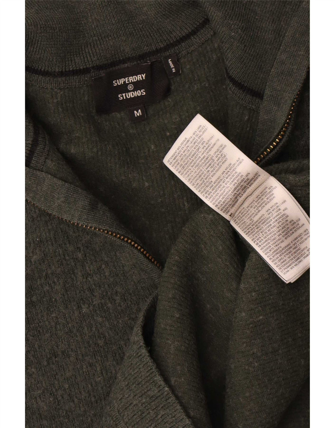 Męski sweter z zamkiem Superdry, średnia wełna khaki z merynosów
