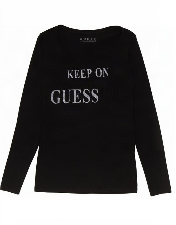 Damski top graficzny Guess z długim rękawem, UK 4 XS, czarny, bawełniany