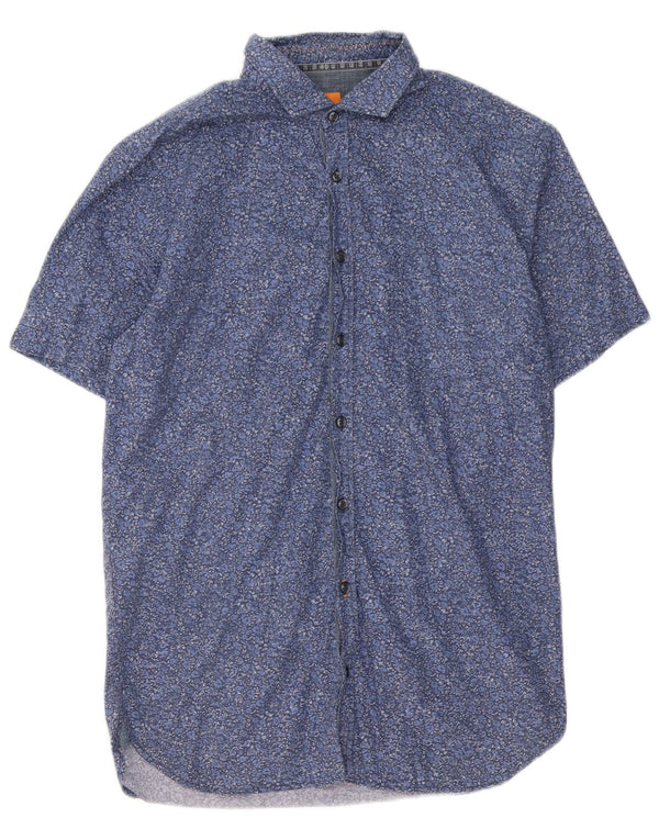 Hugo Boss Mens Short Sleeve Shirt Large Blue Floral Cashmere