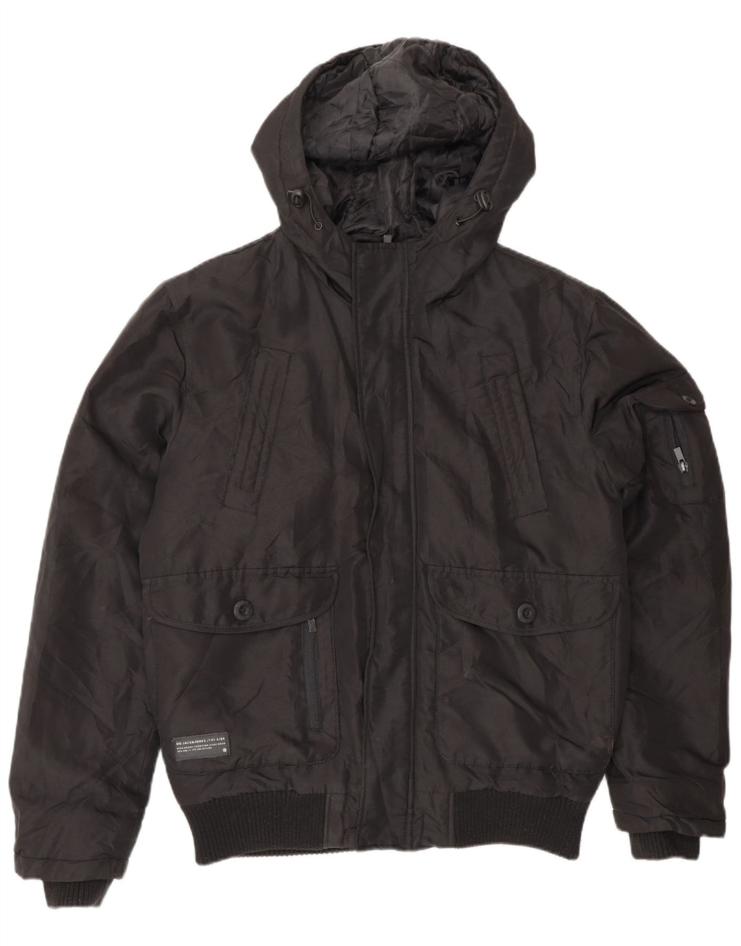 Męska kurtka bomberka z kapturem Jack & Jones UK 36, mała, czarna, poliamidowa