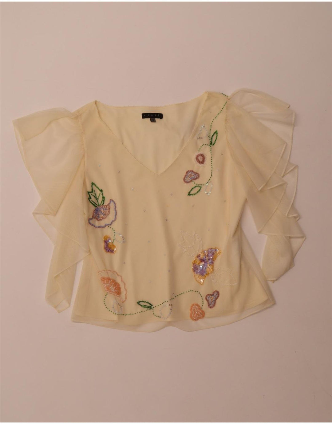 Damska bluzka COAST o krótkim kroju, prześwitująca, UK 16, duży, żółty poliester