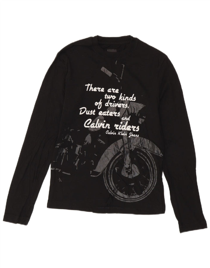 CALVIN KLEIN JEANS Męski top z grafiką, długim rękawem, mały, czarny, bawełniany