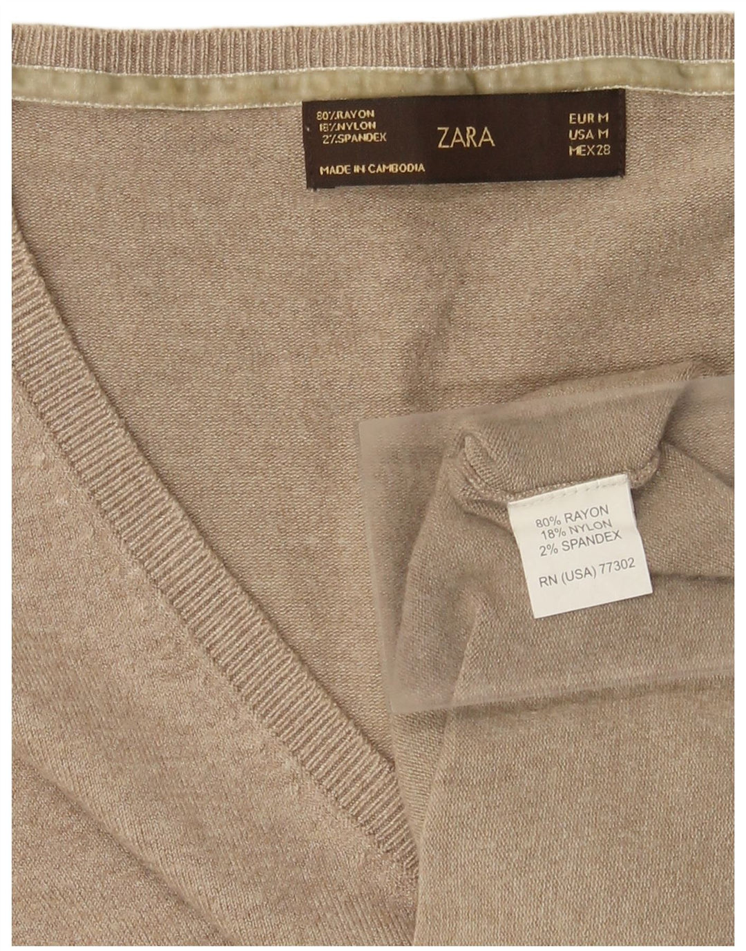 Sweter damski Zara z dekoltem w kształcie litery V, UK 12, średni beżowy sztuczny jedwab