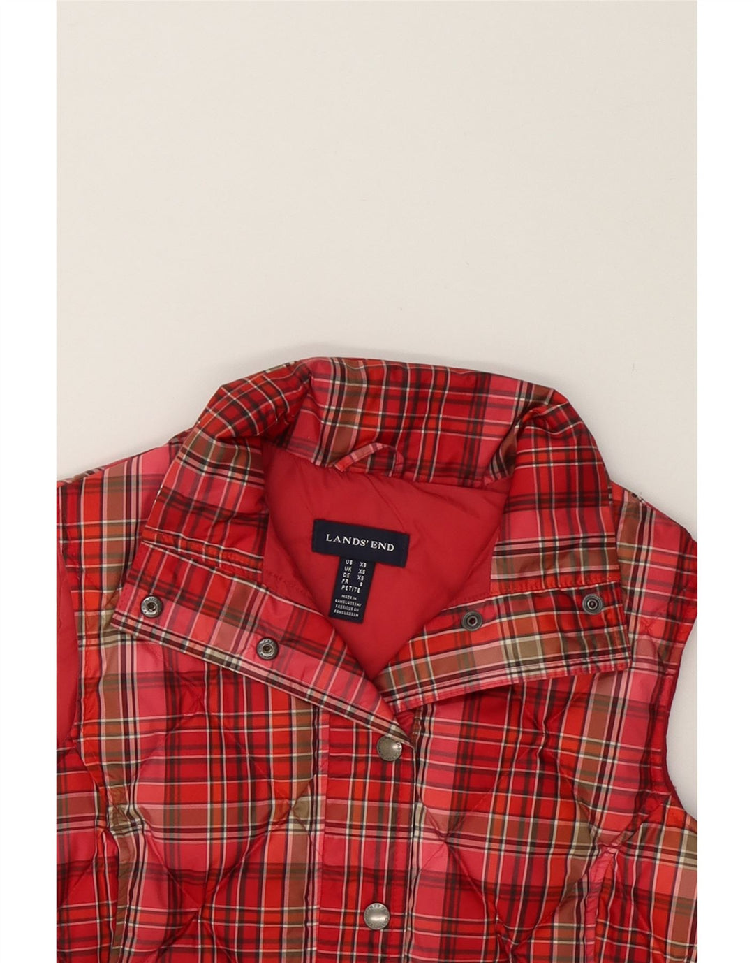 LANDS END Womens Quilted Gilet UK 6 XS Red Check Polyester Vintage Lands End and Second-Hand Lands End from Messina Hembry 