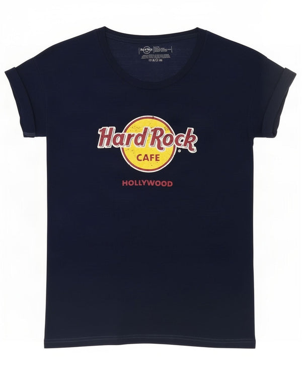 Hard Rock Cafe Womens Hollywood Graphic T-Shirt Top UK 14 Medium Navy Blue