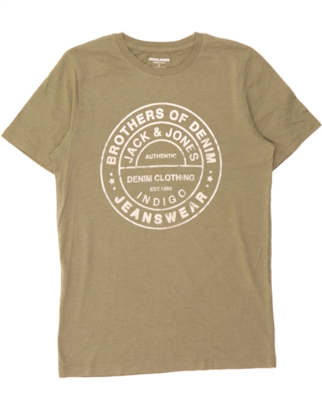 JACK & JONES Mens Graphic T-Shirt Top Small Khaki Cotton Vintage Jack & Jones and Second-Hand Jack & Jones from Messina Hembry 