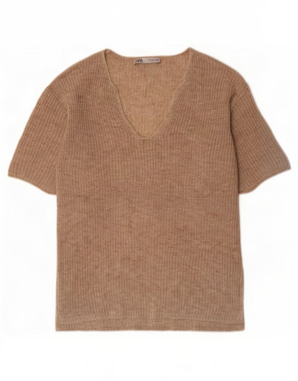 Sweter damski Zara Oversize z dekoltem w kształcie litery V, UK 10, mały, beżowy, nakrapiany