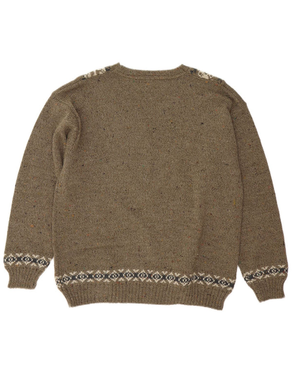 Męski sweter w stylu vintage z dekoltem w szpic, średni khaki Fair Isle
