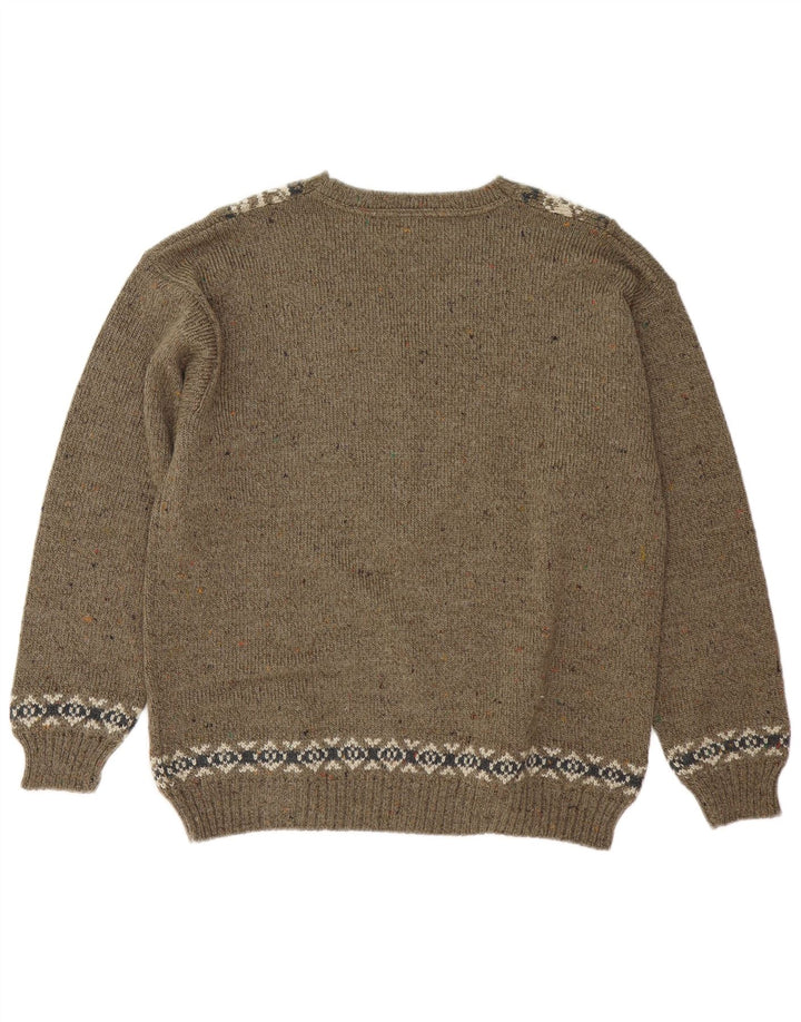 Męski sweter w stylu vintage z dekoltem w szpic, średni khaki Fair Isle