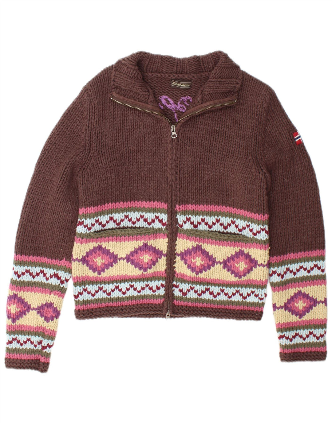 Damski sweter z grafiką NAPAPIJRI UK 12, średni brąz i geometryczne wzory