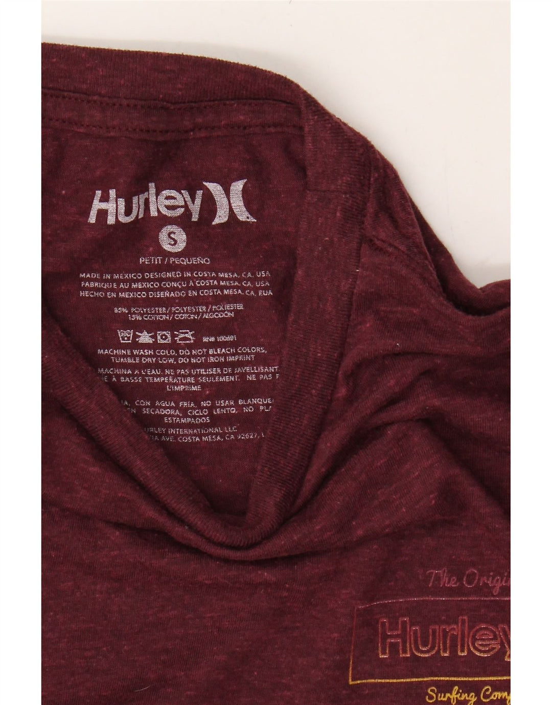 HURLEY Mens Petit T-Shirt Top Small Burgundy Polyester Vintage Hurley and Second-Hand Hurley from Messina Hembry 