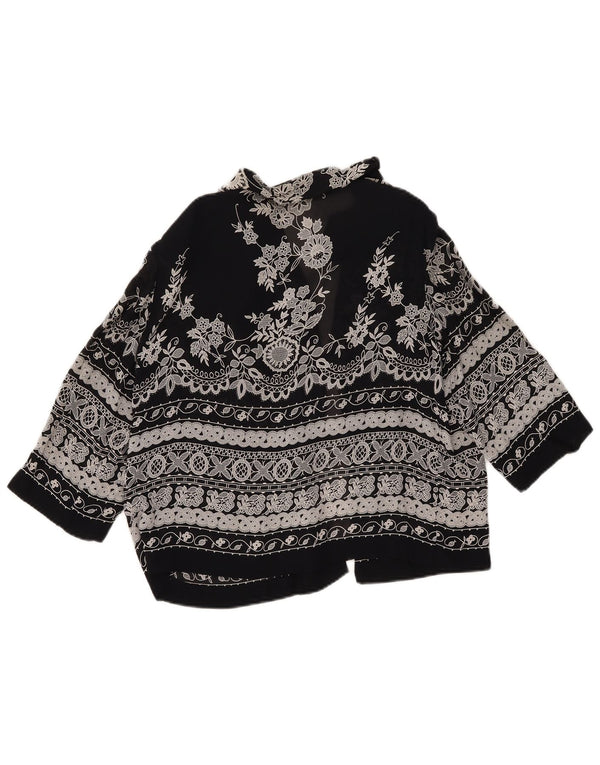 Damska bluzka koszulowa z rękawem 3/4 w stylu vintage, UK 14, średnia czarna w kwiaty