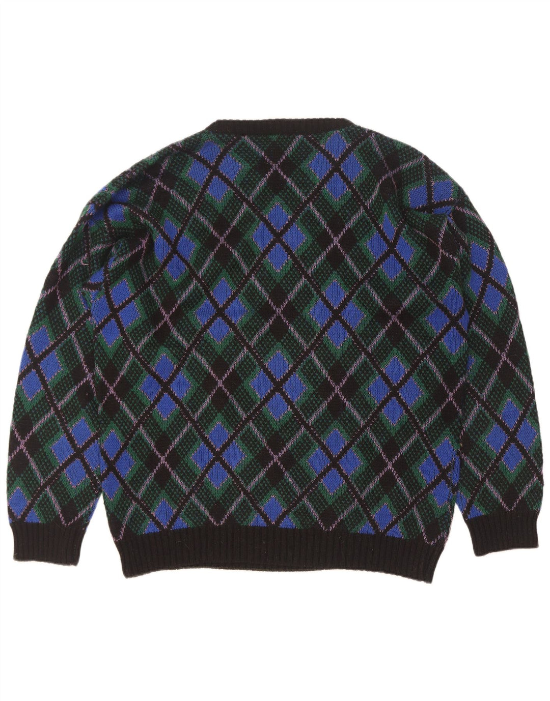 Vintage męski sweter z okrągłym dekoltem XL, niebieska tkanina argyle/diamentowa wełna