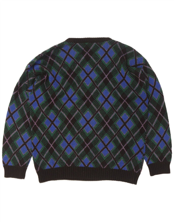 Vintage męski sweter z okrągłym dekoltem XL, niebieska tkanina argyle/diamentowa wełna