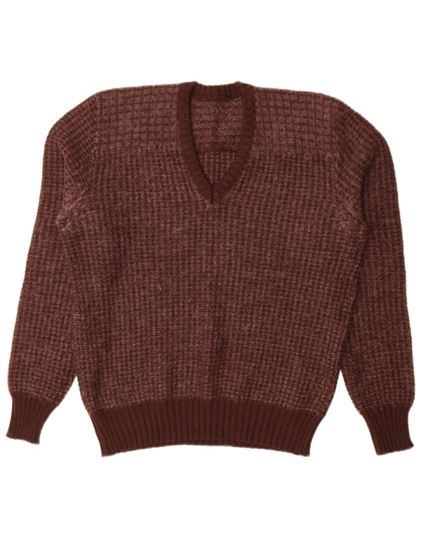 Sweter damski w stylu vintage z dekoltem w szpic IT 52 2XL Brązowy, geometryczny, dziewicza wełna