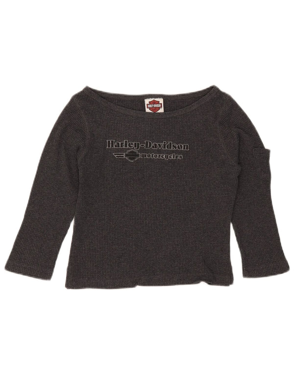 Harley Davidson Womens Crop Graphic Top Long Sleeve UK 10 Small Grey Cotton