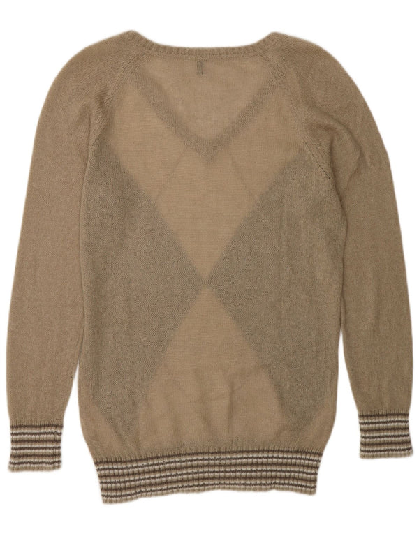 Sweter damski Benetton z dekoltem w kształcie litery V, UK 14, średni beż, argyle/diament