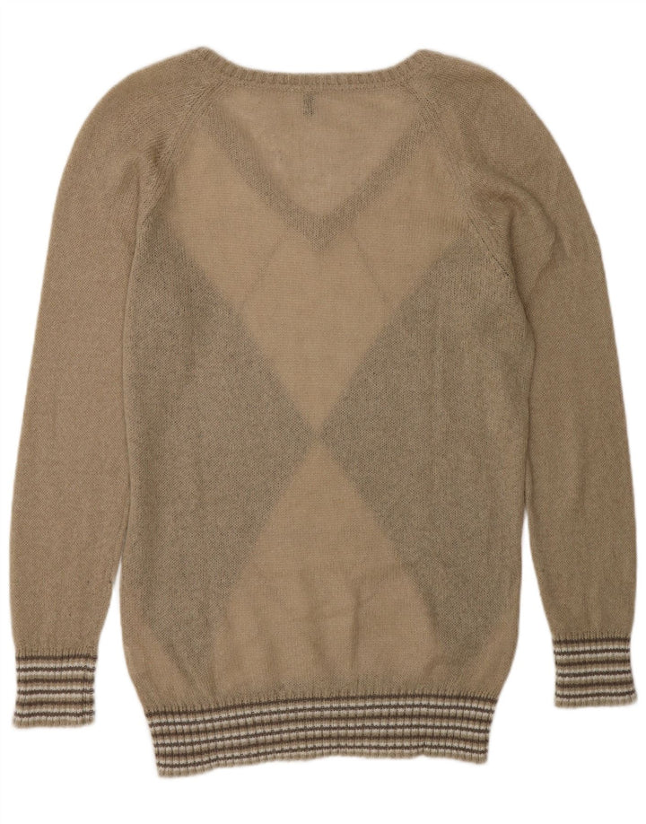 Sweter damski Benetton z dekoltem w kształcie litery V, UK 14, średni beż, argyle/diament