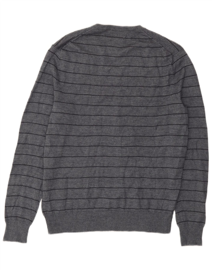 Męski sweter Calvin Klein z dekoltem w kształcie litery V, średnioszary, wełniany merynos w paski
