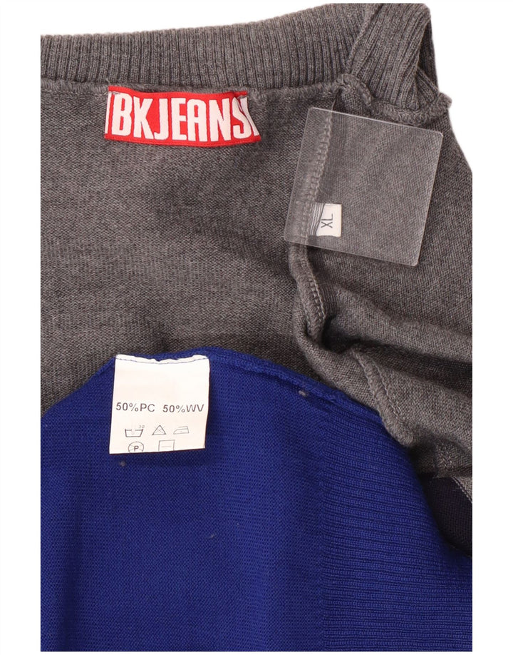 Vintage męski sweter z wywijanym dekoltem XL, szary, akrylowy blok kolorów