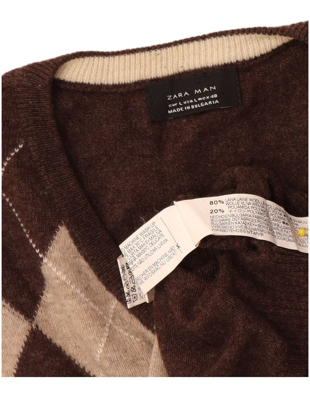 Męski sweter Zara z dekoltem w kształcie litery V, duży, brązowy, argyle/diamentowa wełna