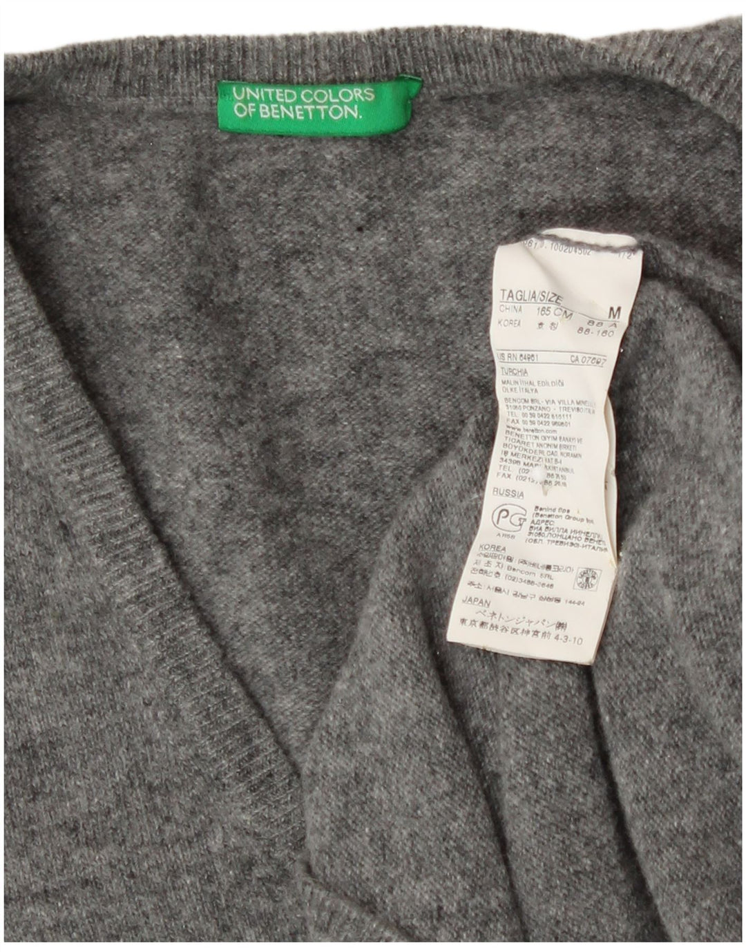 Sweter damski Benetton z dekoltem w kształcie litery V, UK 12, średnioszary, wełniany