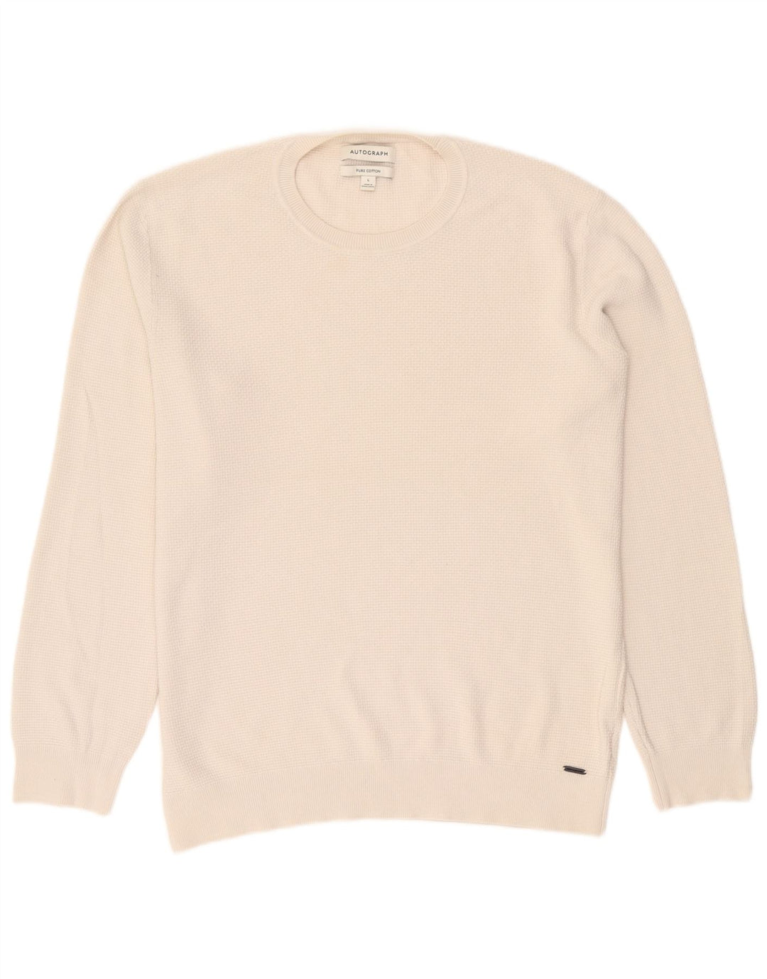 Marks & Spencer Męski sweter z okrągłym dekoltem i autografem, duży, biały, bawełniany