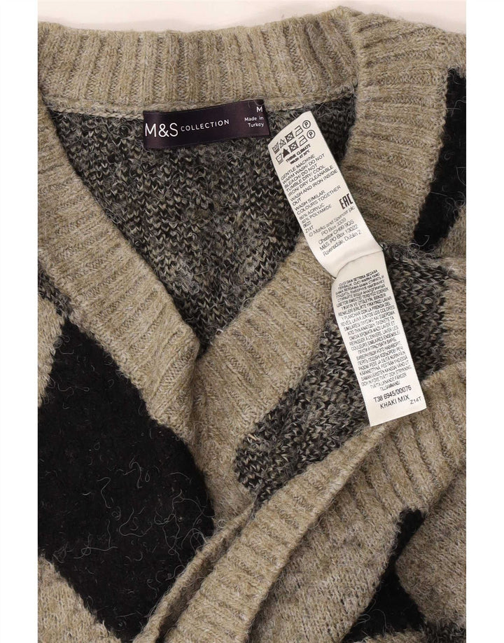 Marks & Spencer Męski sweter z dekoltem w kształcie litery V, średni khaki Argyle/diament
