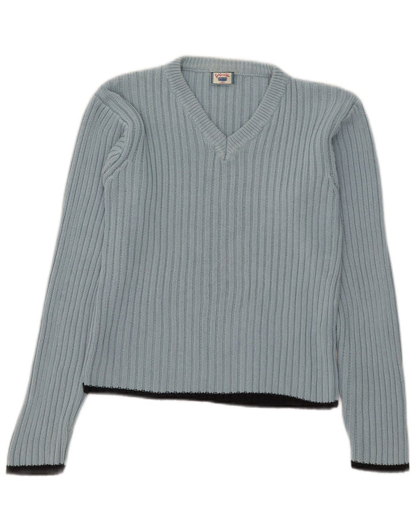 Damski sweter Rocky z dekoltem w szpic, UK 14, duży, niebieski, bawełniany