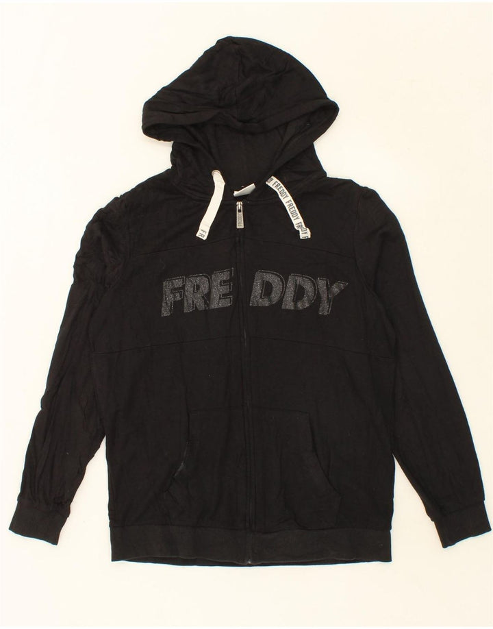 FREDDY Womens Oversized Graphic Zip Hoodie Sweater UK 10 Small Black Vintage Freddy and Second-Hand Freddy from Messina Hembry 