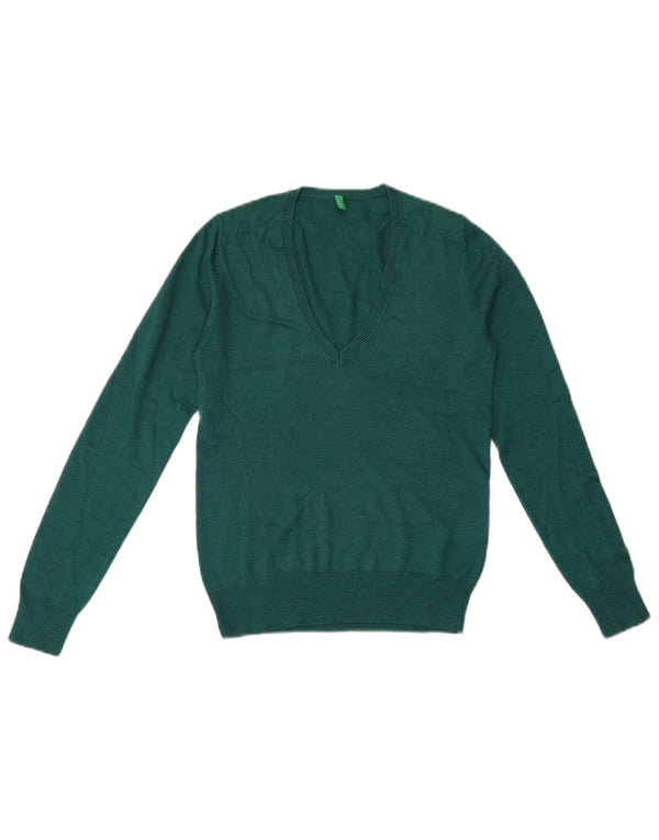 Damski sweter z dekoltem w serek Benetton UK 6 XS, zielona wiskoza