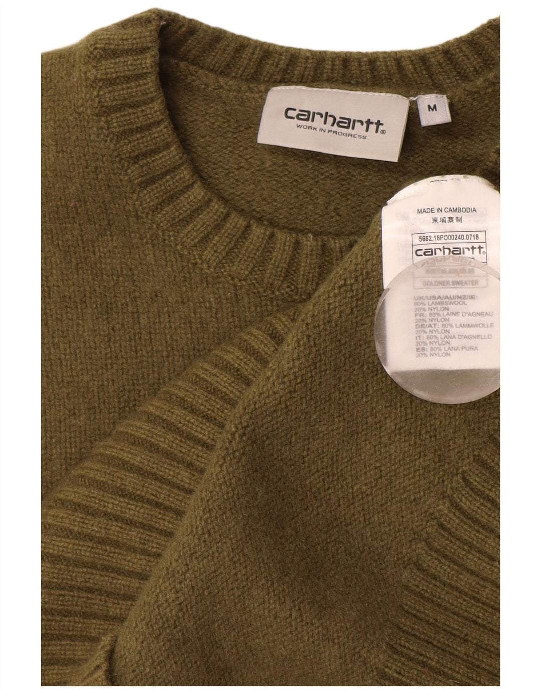 Męski sweter CARHARTT z okrągłym dekoltem, średnia wełna owcza w kolorze khaki