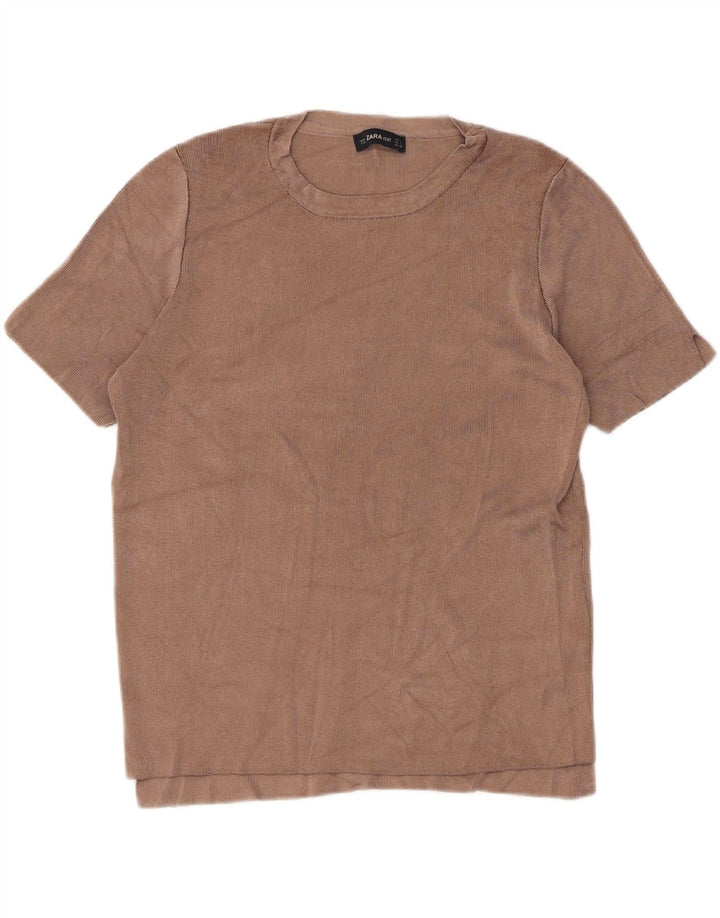 ZARA Womens T-Shirt Top UK 14 Large Brown Viscose