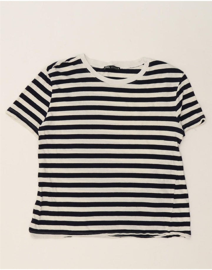 ZARA Womens T-Shirt Top UK 14 Medium Navy Blue Striped Vintage Zara and Second-Hand Zara from Messina Hembry 