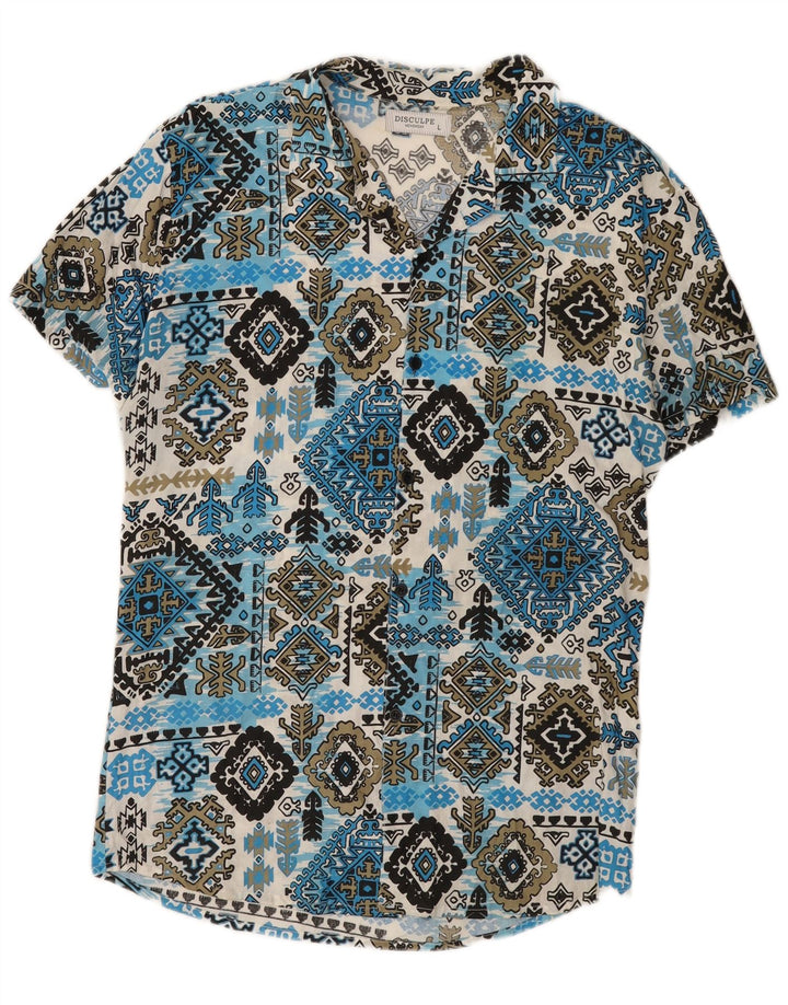 Koszula męska z krótkim rękawem w stylu vintage, duża, niebieska, ze sztucznego jedwabiu Ikat