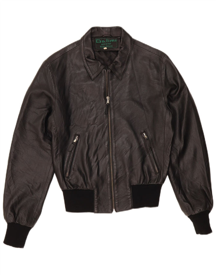 Damska kurtka skórzana typu bomber w stylu vintage IT 44, średnia czarna skóra