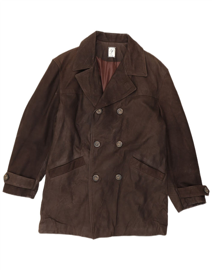 Vintage męski płaszcz skórzany z podwójnymi piersiami IT 54 2XL brązowa skóra